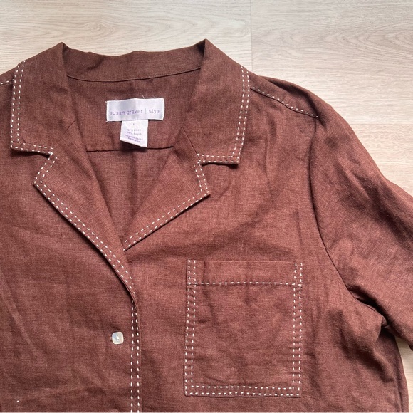 Brown linen Button Down Shirt with unique stitching - Picture 4 of 4